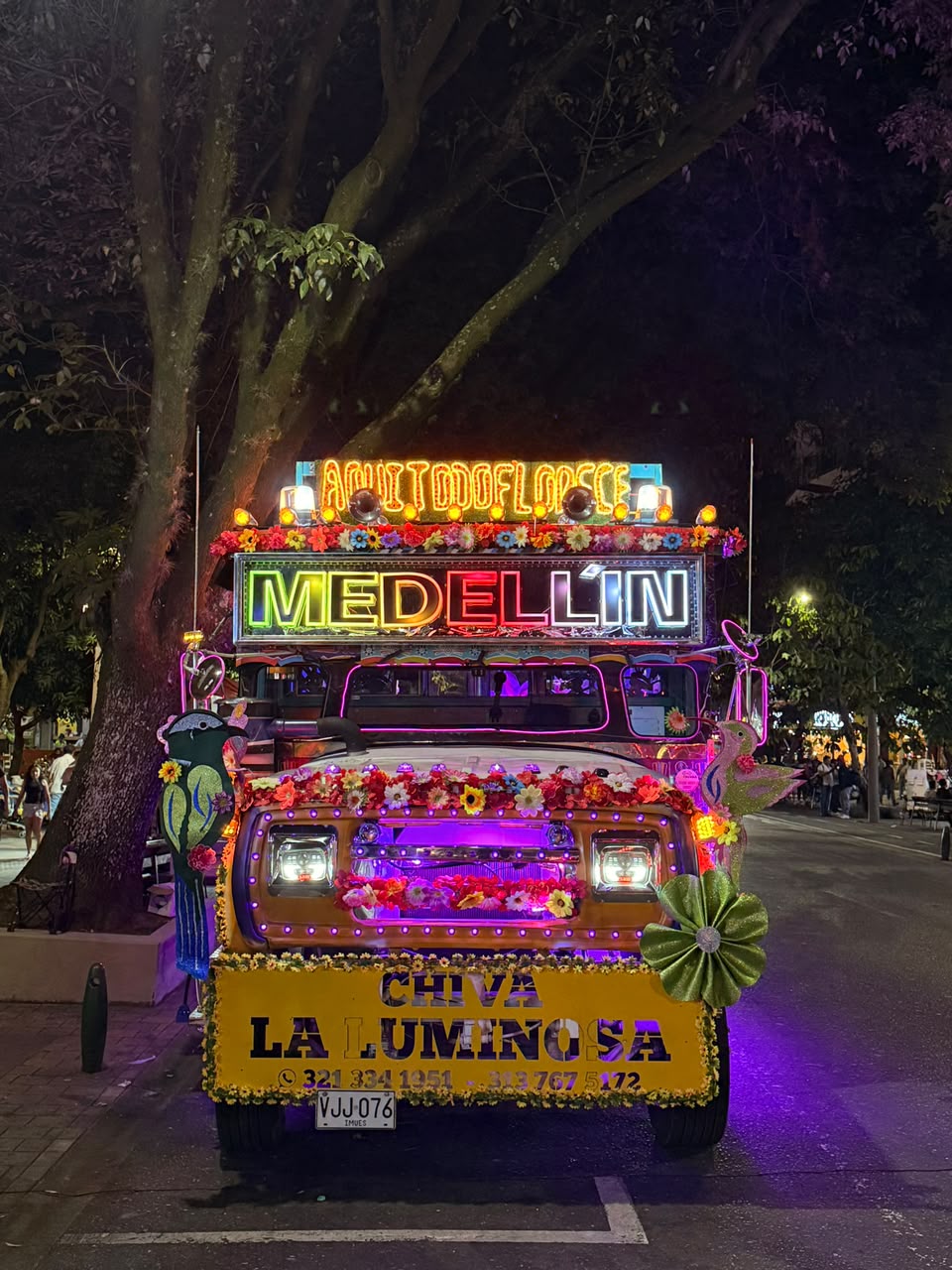 Chiva La Luminosa de frente bajo un árbol, con el letrero Aquí todo florece