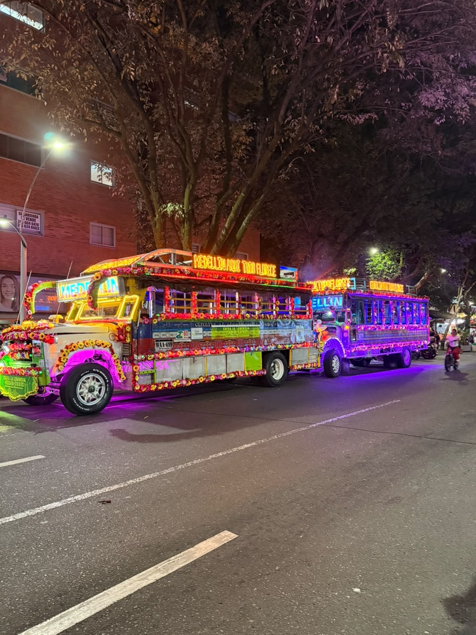Las dos chivas iluminadas, una detrás de otra en la calle